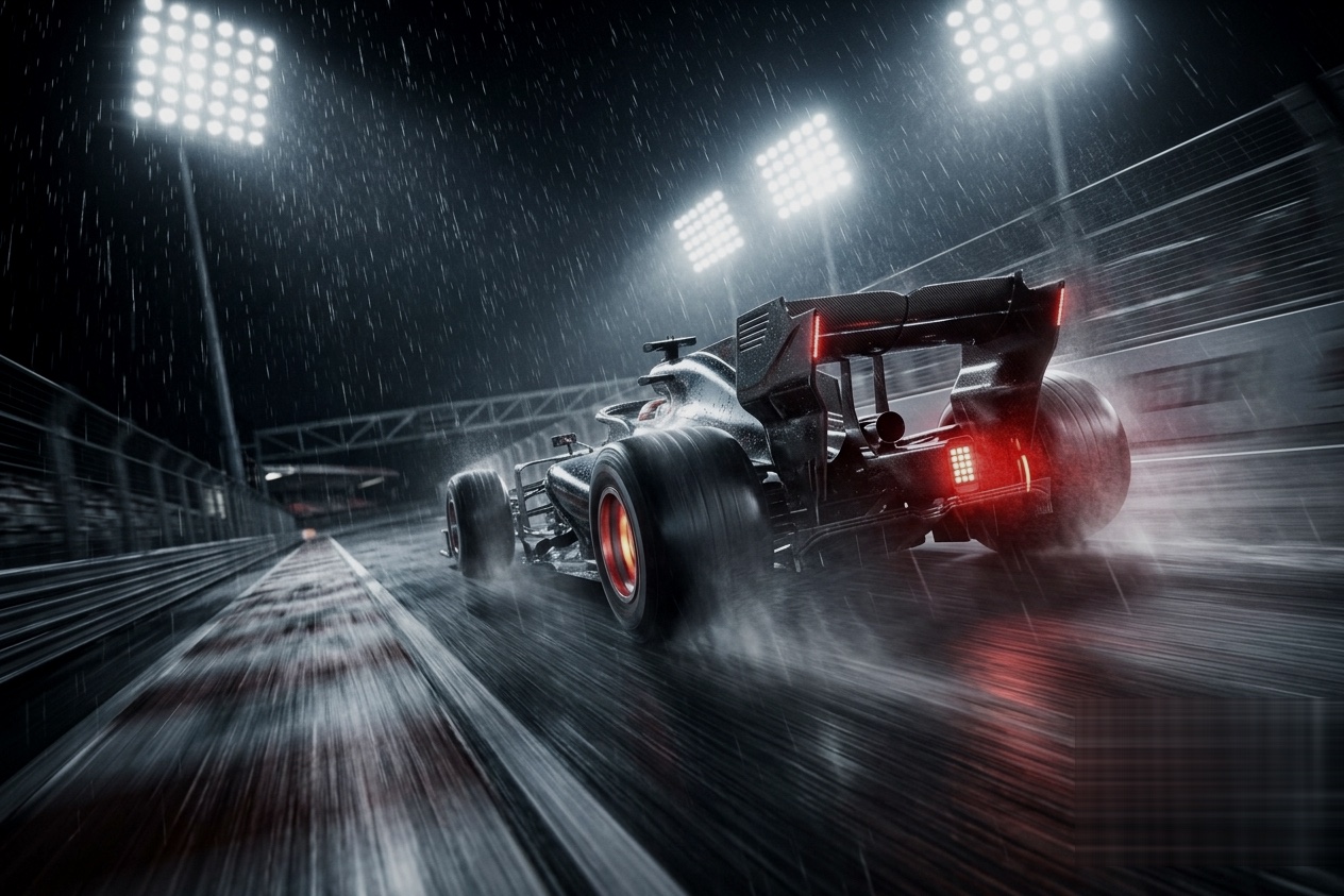 A formula car under floodlights in heavy rain, spray off the rear tires