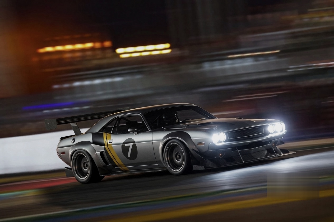 A race car at speed on a floodlit circuit at night